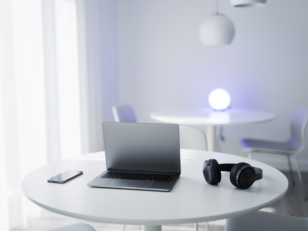A tidy support desk with a laptop, a smartphone and a headset on a white surface, a circular lamp glowing violet in the 