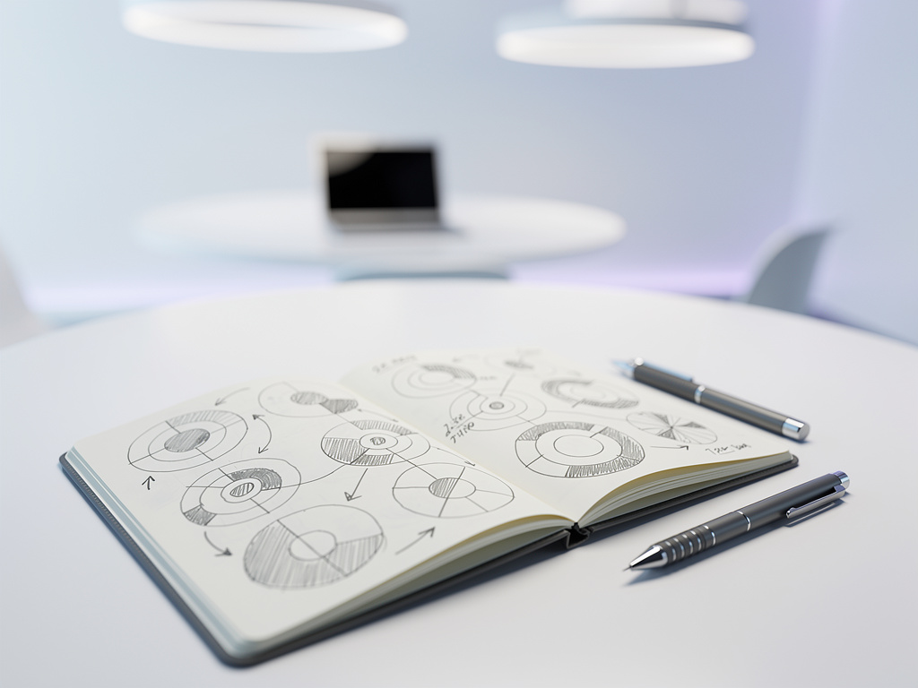 Close-up of an open notebook with hand-drawn circular diagrams and arrows next to a graphite pen.