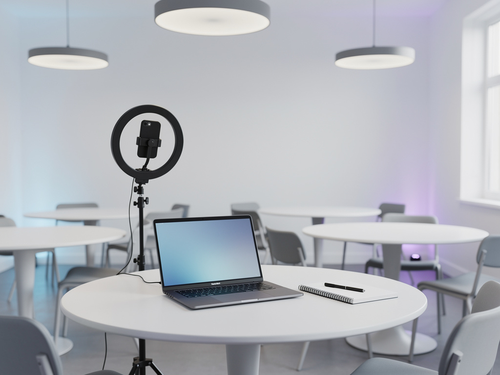 A laptop and ring light set up for a live class in the studio, the screen glowing softly blue.