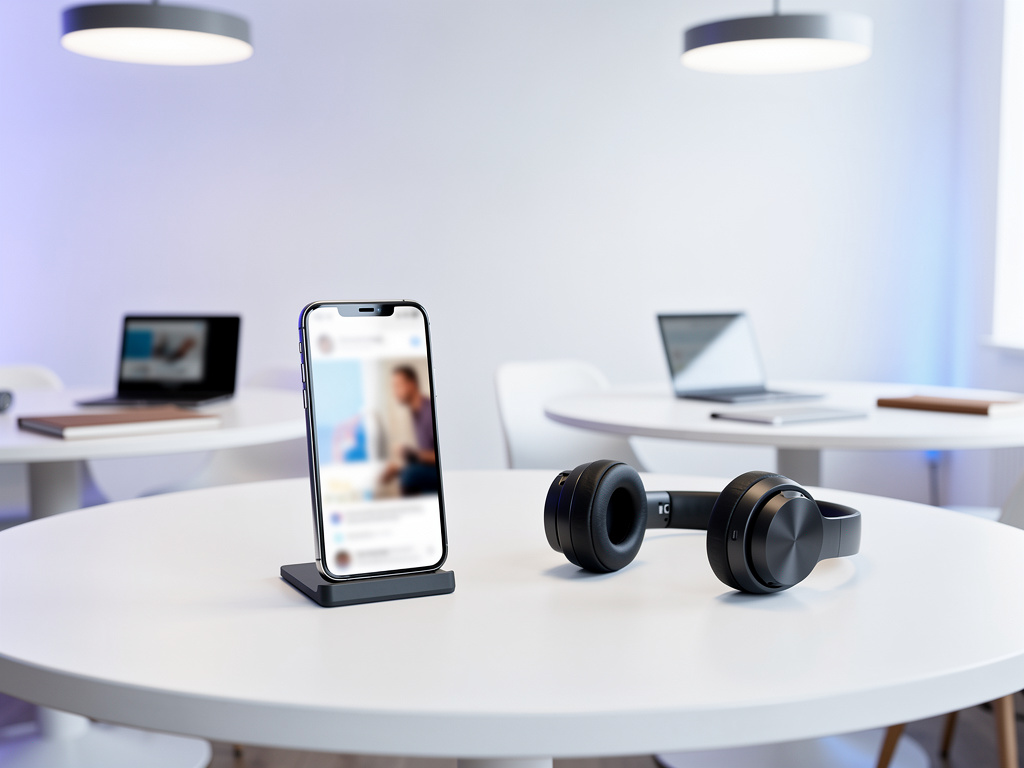 A smartphone on a stand beside headphones on the round table, playing a blurred lesson.