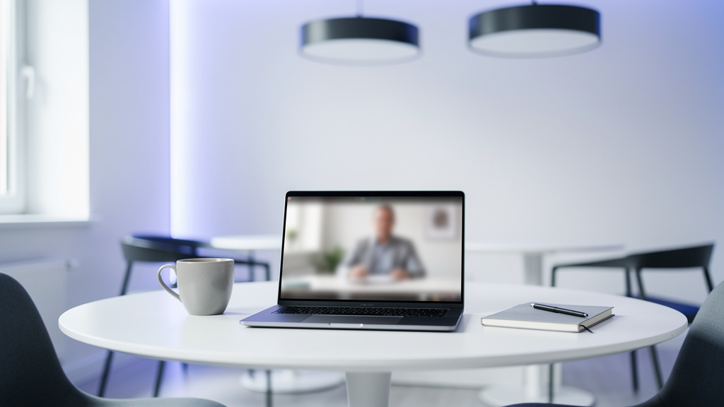 A laptop open on a round white table showing a blurred video lesson, with a coffee mug and notebook under soft blue and 