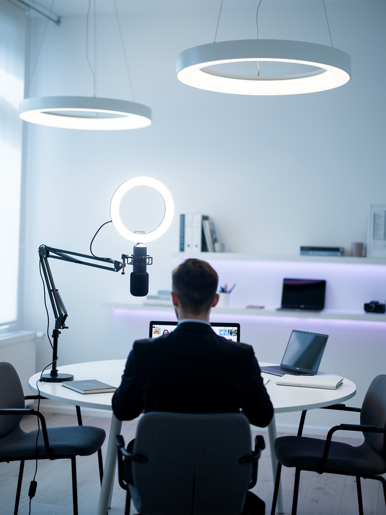 A person seen from behind at a desk recording a lesson with a ring light and microphone, the screen out of focus in the 